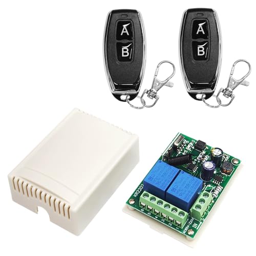 AC 110V 120V 220V Wireless RF Remote Control Relay Switch Universal 2-Ch Receiver with 2 Transmitters for Garage Door Openers,Electric Curtain Motor Forward&Reverse, LED Lights