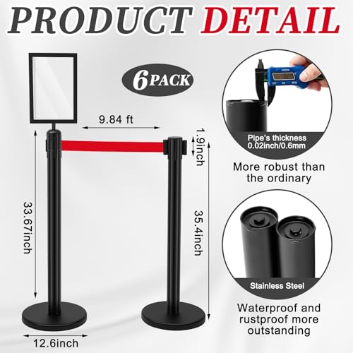 6 Pack Crowd Control Stanchions 9.8 ft Belt Sign Holder, Red Belt, Black - color: Black, size: Red Belt