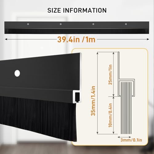 2 Pcs Door Sweep Door Brush Bottom Sweep with H-Shape Aluminum Alloy Base for Home、Industrial，0.4-Inch Door Brush (1.4Inch Wx39.4Inch L),Black - color: Black+Black, size: 0.4Inch*1.4Inch W*39.4Inch L