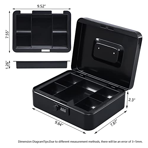 KYODOLED Large Cash Box with Combination Lock Safe Metal Money Box with Money Tray for Security Lock Box 9.84"x 7.87"x 3.54" Black - color: Black (Pack of 1), size: Large