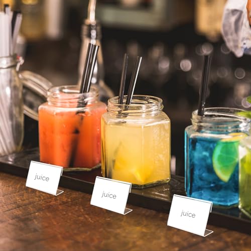 36 Mini Acrylic Sign Holder Name Card Price Tag Label Holder with 36 PCS Blank Labels Slanted L-Shape Plastic Name Card Price Card Tag Label Counter Top Stand