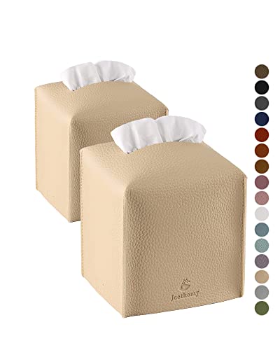 Tissue Box Cover, Jeethemy Square PU Leather Tissue Box Holder, Modern Tissue Case Facial Paper Organizer Dispenser，5X5X5'',Double Beige - color: Double Beige