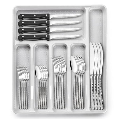 49-Piece Hammered Silverware Set with Organizer, Food-Grade Stainless Steel Flatware for 8, Cutlery Utensil Sets with Steak Knives, Rust-proof, Mirror Polished, Dishwasher Safe, Round Hammered - style: Round Hammered