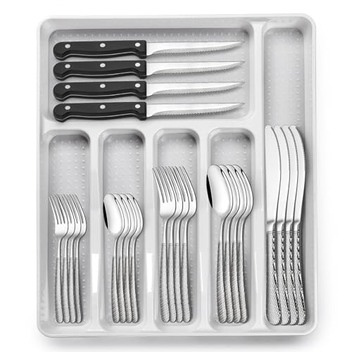 49-Piece Hammered Silverware Set with Organizer, Food-Grade Stainless Steel Flatware for 8, Cutlery Utensil Sets with Steak Knives, Rust-proof, Mirror Polished, Dishwasher Safe, Round Hammered - style: Round Hammered