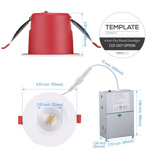 TORCHSTAR 4-Pack 4 Inch 2 Hour Fire Rated LED Recessed Light, Deep Baffle - size: 4 Inch