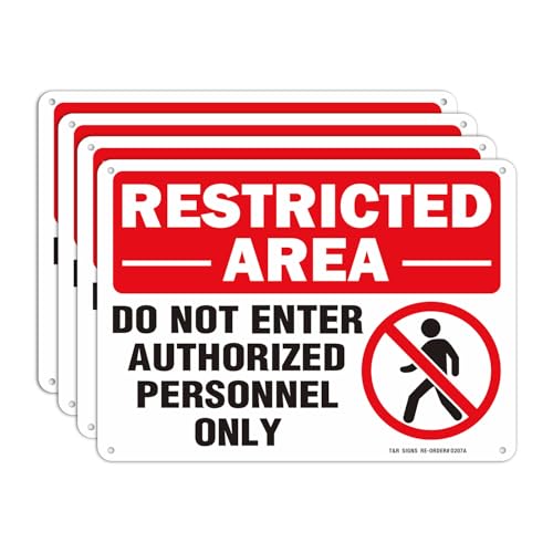 Restricted Area Do Not Enter Authorized Personnel Only Sign - 4 Pack - 10 x 7 Inches Rust Free .040 Aluminum - UV Protected, Waterproof, Weatherproof and Fade Resistant - 4 Pre-drilled Holes - color: Red - 10" x 7" - 4 Pack
