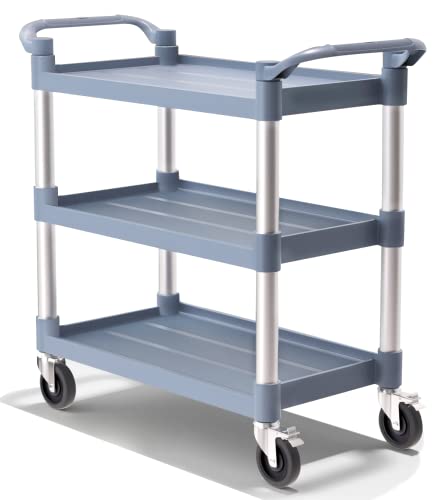 Plastic Utility Carts with Wheels, 3-Tier Large Size Restaurant Food Cart, Heavy Duty 600lbs Capacity Rolling Service Cart w/Hammer for Commercial, Kitchen, Office (Lockable Wheels, L-Grey)