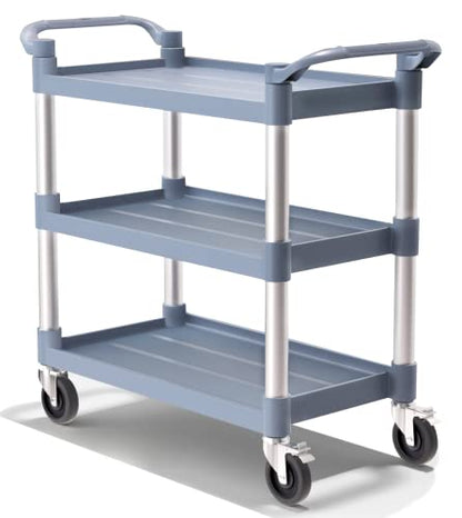 Plastic Utility Carts with Wheels, 3-Tier Large Size Restaurant Food Cart, Heavy Duty 600lbs Capacity Rolling Service Cart w/Hammer for Commercial, Kitchen, Office (Lockable Wheels, L-Grey)