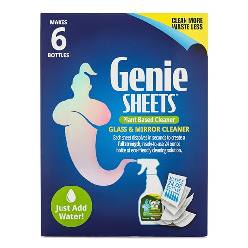 Genie Sheets Glass & Mirror Cleaner | Concentrate Makes 6 24oz Refills | Professional-Strength | Just Add Water | Sustainable Eco-Friendly Plant-Based Solution | 6 Sheets - size: 1 Count (Pack of 1), style: Glass Cleaner