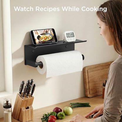 FORIOUS Wall Mount Paper Towel Holder with Shelf for Kitchen, Matte Black - color: Matte Black