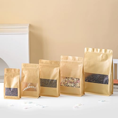 50 Pcs Kraft Paper Resealable Bags with wider bottom, 6.3" x 10.2" Zipper Food Storage Bags with Window, Stand Up, Reusable, Sealable, for Packaging Products - color: Brown, size: 6.3" x 10.2"