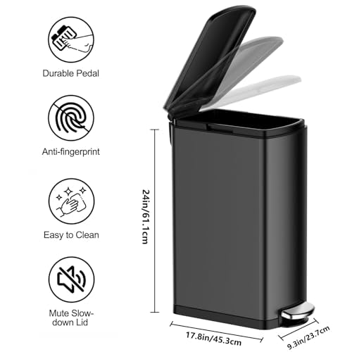 8 gal Slim Stainless Steel Trash Can Soft-Close Lid Removable Bucket, Black - color: Black
