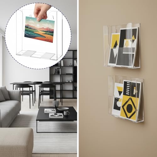 MAQUITA 5-Pack Card Holder for Wall, Acrylic Postcard Holder, Clear Wall Mount Display Stand with Screws and Magnetic Strips for Postcards, Flyers, Brochures, Pamphlets, 6.46 x 6.57 x 1.65 Inch