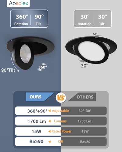 Aosclex 6 Pack 6 Inch Adjustable Gimbal 5CCT Recessed LED Light 15W 1700LM - color: Black-6inch, size: 6 Pack