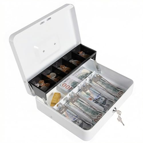 Locking Cash Box with Key Lock and Money Tray, Money Box, Lock Safe Box, Cash Money Lock Safe Box for Cash Register 11.8"x9.45"x3.54" (White Key) - color: White Key