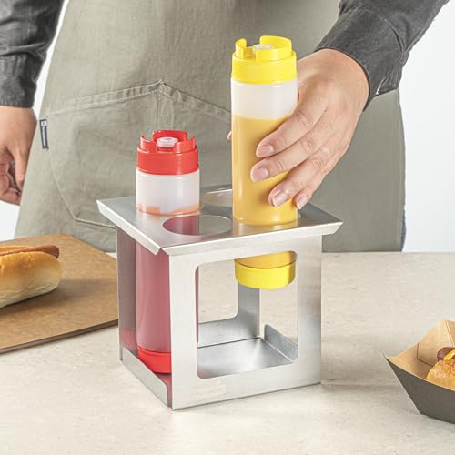 Restaurantware Squeeze Bottle Holder 1 Count 6.30 x 7.01 x 6.26 Inches Stainless Steel Condiment Organizer - Four-Hole Durable Kitchen Rack - Silver Prep Station Organizer - size: Fits 1/6 Size Opening, style: Four Holes, Holder