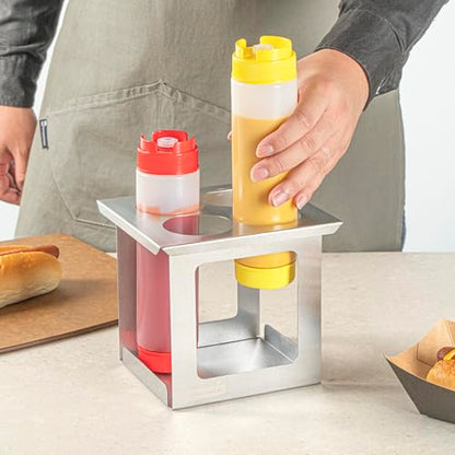 Restaurantware Squeeze Bottle Holder 1 Count 6.30 x 7.01 x 6.26 Inches Stainless Steel Condiment Organizer - Four-Hole Durable Kitchen Rack - Silver Prep Station Organizer - size: Fits 1/6 Size Opening, style: Four Holes, Holder