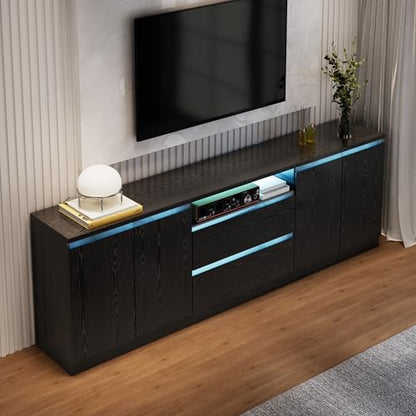 Bobve Modern TV Stand for TVs Up to 100",LED TV Console,Long Entertainment Center with 2 Drawer/2 Cabinets,Universal TV Stand for Living Room,Bedroom,Black,3 Light Modes - color: Black