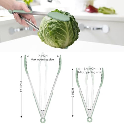 HOTEC Stainless Steel Kitchen Tongs with Silicone Tips, Set of 2-9" and 12" - color: Light Green:12+9inch