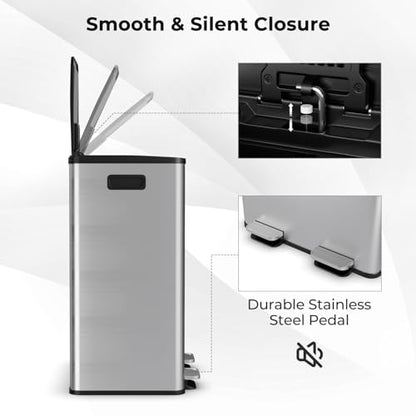 Goplus Dual Trash Can, 16 Gallon/ (2x30L) Double Trash and Recycling Bin Combo for Kitchen, Stainless Steel Garbage Can with 2 Removable Inner Buckets, Soft Closure & Step-on Pedal - color: Silver, size: 16 Gallon