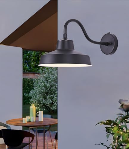 Dusk to Dawn Outdoor Lighting Fixture Gooseneck Barn Wall Light 11", Black Finish White Interior Shade, Photocell Sensor, Lighting for Garage, Workshop, Patio House Porch Garage Yard - size: 11 in