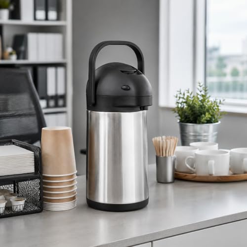 Restaurantware Met Lux 2.2 Liter Coffee Dispenser 1 Pump Lever Coffee Pump Dispenser - 24 Hour Heat Retention Built-In Handle Silver Stainless Steel Airpot Thermal Coffee Carafe For Airports - size: 74.4 Ounces