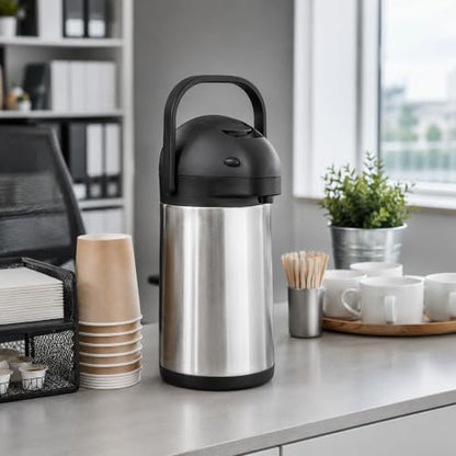 Restaurantware Met Lux 2.2 Liter Coffee Dispenser 1 Pump Lever Coffee Pump Dispenser - 24 Hour Heat Retention Built-In Handle Silver Stainless Steel Airpot Thermal Coffee Carafe For Airports - size: 74.4 Ounces