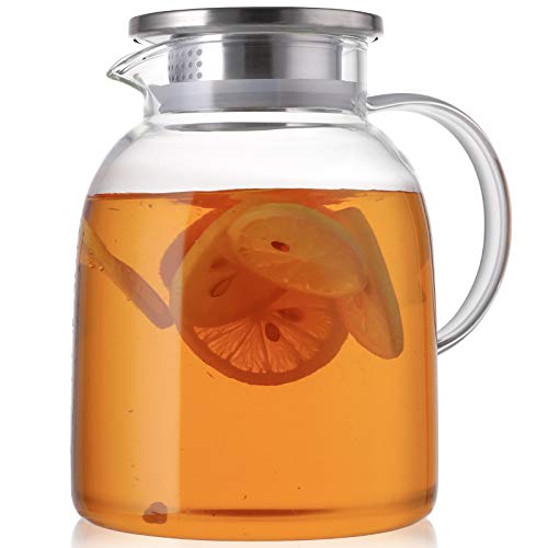 Hedume 2 Liter Glass Pitcher With Lid and Handle - Heat Resistant Beverage Carafe for Iced Tea, Wine, Coffee, Milk and Juice (68 Ounces)