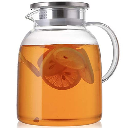 Hedume 2 Liter Glass Pitcher With Lid and Handle - Heat Resistant Beverage Carafe for Iced Tea, Wine, Coffee, Milk and Juice (68 Ounces)