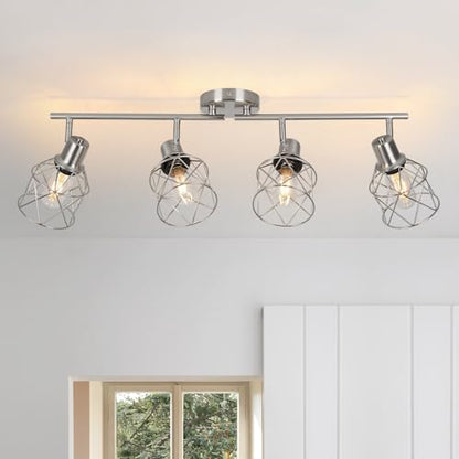 WILON Ceiling Lighting Fixtures,4 Way Track Light Fixture,4 Ceiling Spotlight,Kitchen Island Lighting Semi Flush Mount,Kitchen Track Lighting Flexibly Rotatable Light Head,E26 Base - color: Brushed Nickel, size: 4-Light-Cage