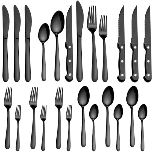 Pleafind 24Pcs Black Silverware Sets for 4 - Dishwasher Safe, Flatware Set with Steak Knives, Stainless Steel Cutlery Set, Include Forks Spoons and Knives Set, Utensil Sets for Home Restaurant - color: Black, size: 24P