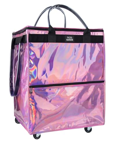 Large Phantom Pink Reusable Grocery Bag on Wheels, Folding Rolling Tote - color: Phantom Pink, size: Large