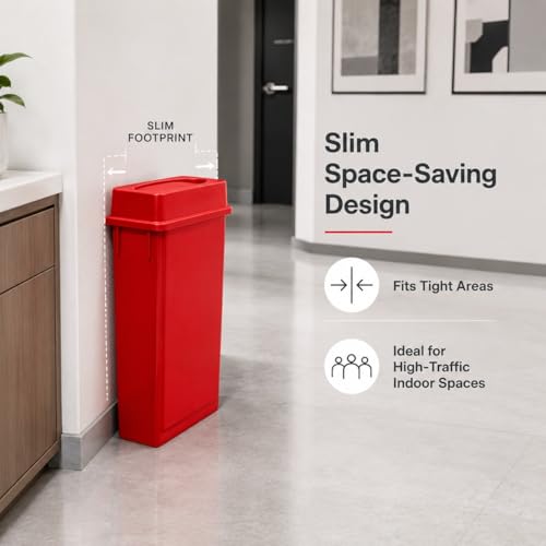 23 Gallon Slim Rectangular Commercial Trash Can, Heavy Duty Plastic Indoor Waste Bin for Kitchen, Office, Restaurant, School, Restroom & Janitorial Use (Red, with Lid) - color: Red