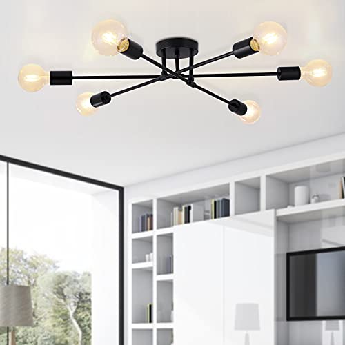 6-Light Sputnik Chandeliers, Black Modern Semi Flush Mount Ceiling Light with E26 Base, Mid Century Industrial Vintage Kitchen Farmhouse Light Fixtures for Dining Room Bedroom Living Room - color: Black