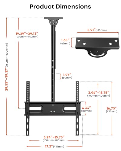 Ceiling TV Mount for 26–65-Inch TVs, Adjustable Full-Motion Bracket - size: 26–65 Inch