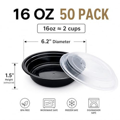 Glotoch Reusable Round Meal Prep Containers Bowls with Lids, 16 oz, 50 Pack - color: 16OZ-50Pack