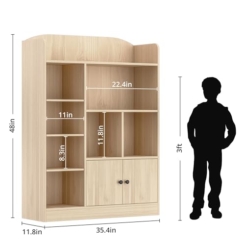 DIYART Oak Kids Bookshelf, Kids Bookcase with 7 Cubbies and 2 Cabinets, Freestanding Book Storage Shelves for Bedroom, Playroom, Hallway, 35.4" W x 48" H - color: Oak, size: 35.4"W x 48"H