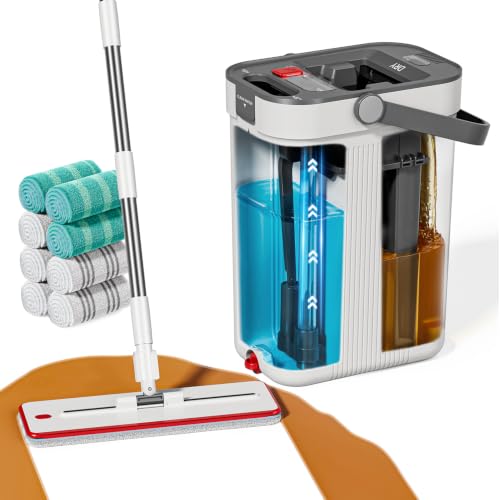 HoMettler 3-Tank Mop and Bucket Set with Separate Dirty & Clean Water, Flat Mop and Bucket System with Wringer, 65" Mops for Floor Cleaning, Safe for Hardwood, Vinyl, Tile, Walls - 8 Washable Pads - color: White-flat Mop With 8 Pads