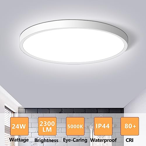 CHARYJOD LED Flush Mount Ceiling Light Fixture 12Inch, 24W Flat Light,5000K Ultra Thin Surface Panel Low Profile for Bedroom Kitchen Bathroom Garage Living Room, White (DC-CJ-0030-24W-50K) - color: White, size: 12Inch-1Pack