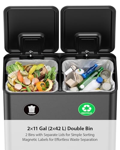 Lovewind Dual Trash and Recycling Bins for Kitchen, 2 * 11-Gallon Stainless Steel Double Trash Can, Step-On Garbage and Recycle Combo, Quiet Close, Pet-Proof, Compatible with 13-Gallon Bags, Black - color: Black, size: 2 x 11 Gallon