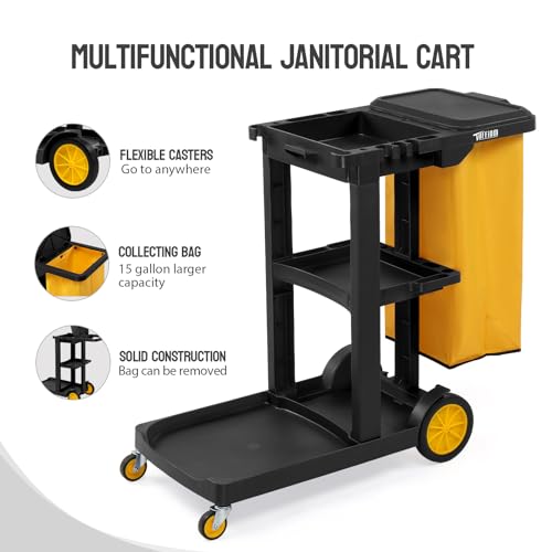 TUFFIOM Commercial Traditional Cleaning 3-Shelf Janitorial Cart, 500 Lbs Capacity Housekeeping Cart, Wheeled with Yellow VinylBag and Cover w Lid, Black, - color: Black