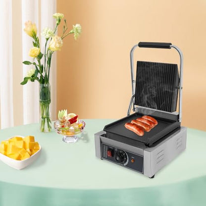 1800W Single Head Commercial Sandwich Maker, Electric Stainless Steel Panini Press Grill Machine, Non Stick Cooking Plate Countertop Sandwich Panini Griller for Restaurant Cafe Kitchen Use
