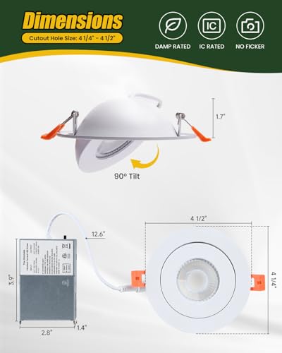 ZYC Gimbal LED Recessed Lighting - 4 Inch 5CCT 9W 360° Rotation Adjustable Eyeball Light,LED Swivel Spotlight,Directional Sloped Ceiling Light,Dimmable Canless Wafer Downlight Pack of 6 Black. - color: Black, size: 4 INCH || 6 PACK