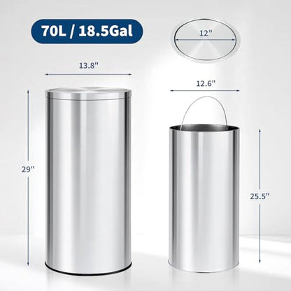 18.5 Gallon/70L Stainless Steel Trash Can with Swing Top Lid, Silver Bathroom Garbage Can with Heavy Duty Removable Inner Bucket, Round Indoor Recycle Waste Bin for Kitchen, Office, Living Room, Hotel