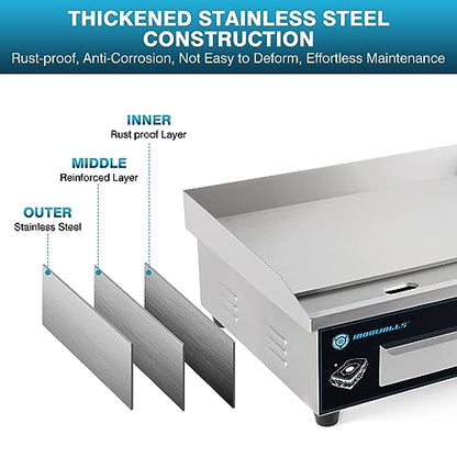 IRONWALLS Commercial Griddle Electric 22”, 3000W Electric Flat Top Grill, Stainless Steel Countertop Electric Griddle Nonstick with 122~572℉Adjustable Temperature Control for Restaurant Kitchen - color: Blue Panel, size: 22 Inch(Flat Top)