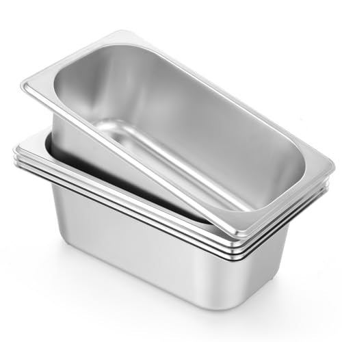 4 Pack Hotel Pans, 1/4 Size 4" Deep Stainless Steel Steam Table Serving Pan, Buffet Dinner Catering Food Pans, Warmer Breading Tray Batter Pan for Restaurant Salad Bar Party Supplies