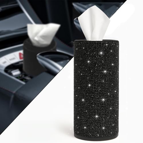 Bling Car Tissue Holder for Cup Holder – Sparkly Rhinestone Round Tissue Dispenser with 1 Pack Tissues – Fits Standard Auto Cup Holders – Stylish Car Interior Accessory for Women(Black) - color: Black