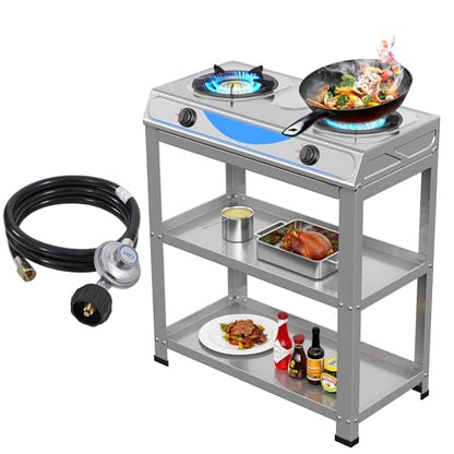 Propane Gas Stove,2 Burner Propane Burner, with Removable Leg,Auto Ignition Camping Stove,Portable Gas Stove for RV, Apartment, Outdoor - color: Silver