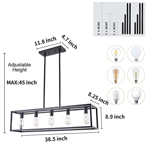 Kitchen Light Fixtures Dining Room Light Farmhouse Rectangle Chandeliers for Dining Rooms, Light Fixture Matte Black 5-Light Industrial Pendant Lighting - color: Black, size: 5 Lights