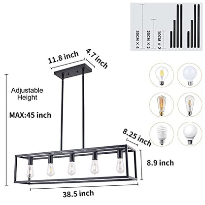 Kitchen Light Fixtures Dining Room Light Farmhouse Rectangle Chandeliers for Dining Rooms, Light Fixture Matte Black 5-Light Industrial Pendant Lighting - color: Black, size: 5 Lights